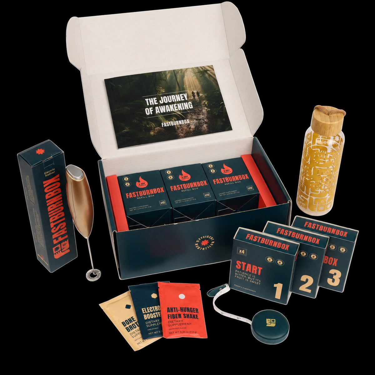 Open FastBurnBox Ultimate kit on black: refill cartons, step boxes 1-3, frother, bottle, sachets and guide