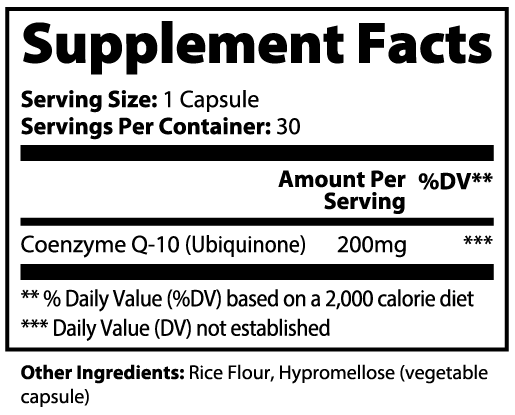 Supplement Facts panel for CoQ10: Coenzyme Q-10 (Ubiquinone) 200mg per capsule, 30 servings