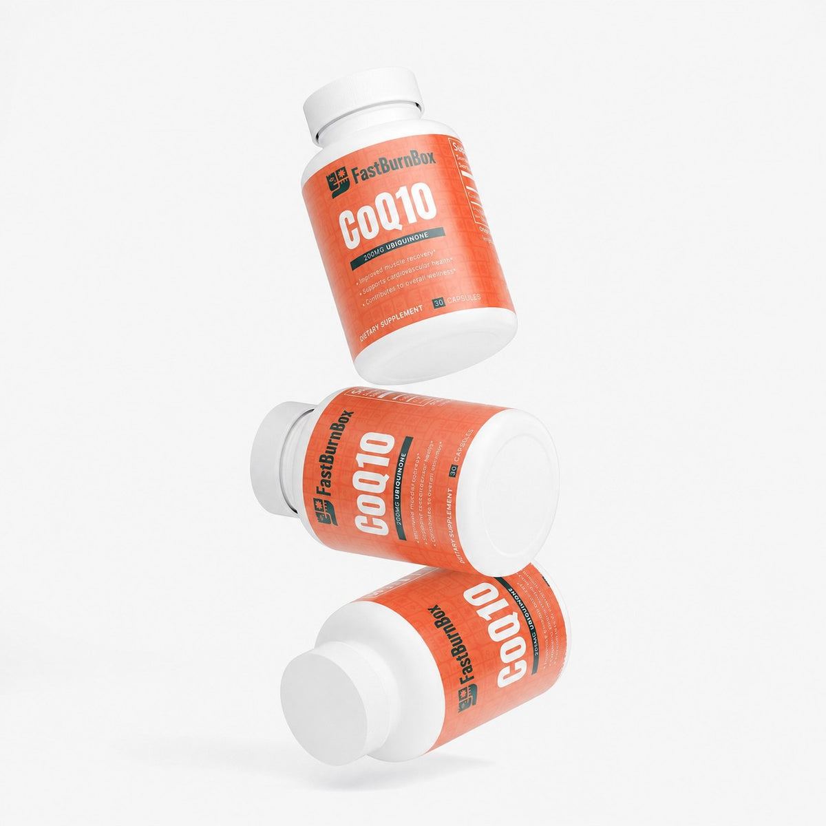 Three FastBurnBox CoQ10 bottles floating in a stacked diagonal arrangement