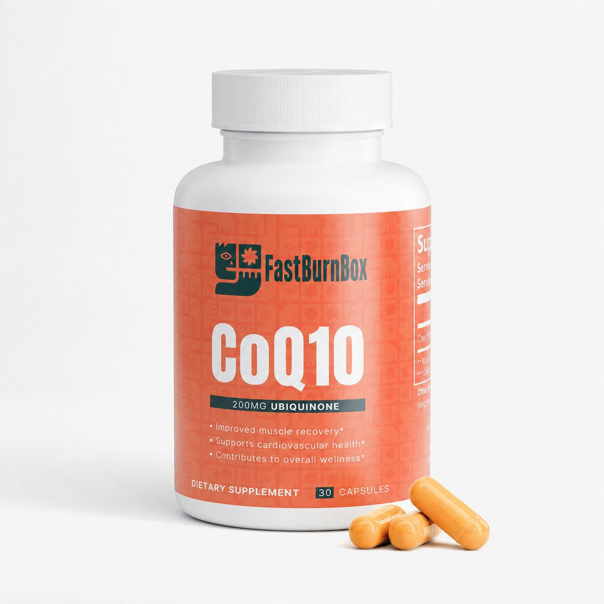 FastBurnBox CoQ10 200mg bottle with three amber capsules beside it