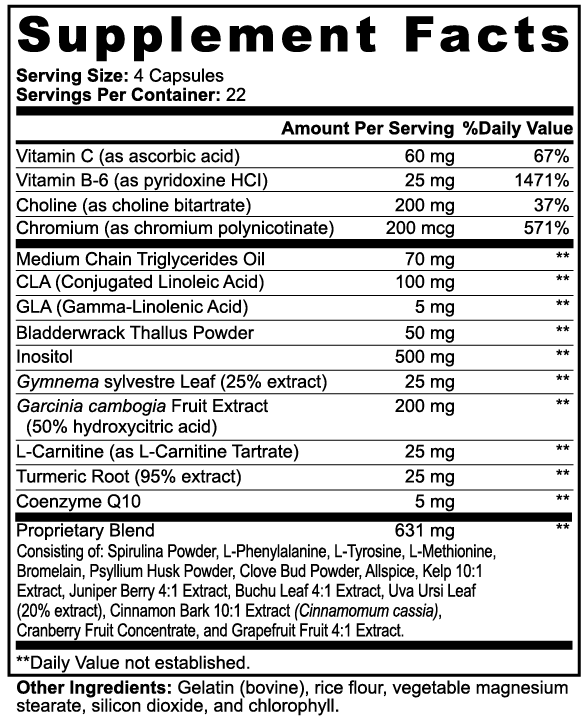 Supplement Facts panel for Fat Burner with MCT, 4 capsules per serving, 22 servings