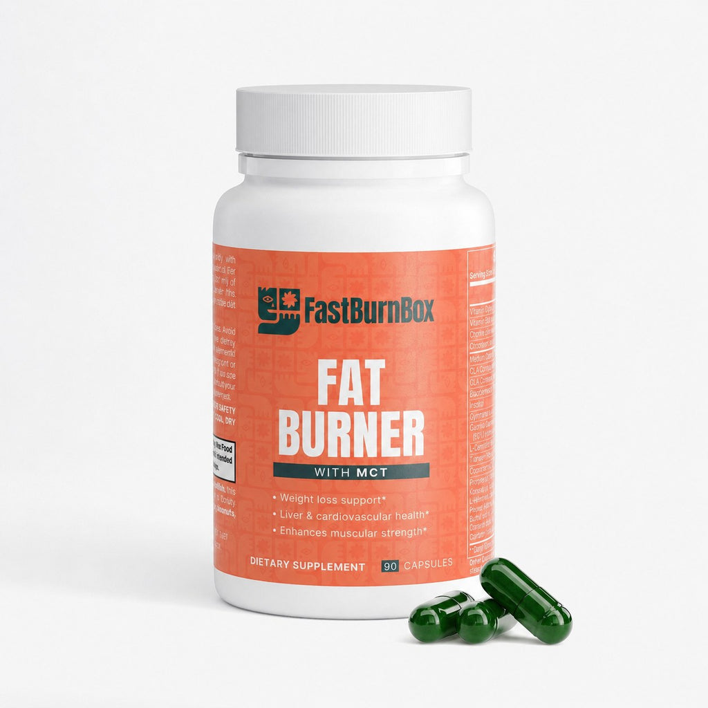 FastBurnBox Fat Burner with MCT bottle beside three dark green capsules