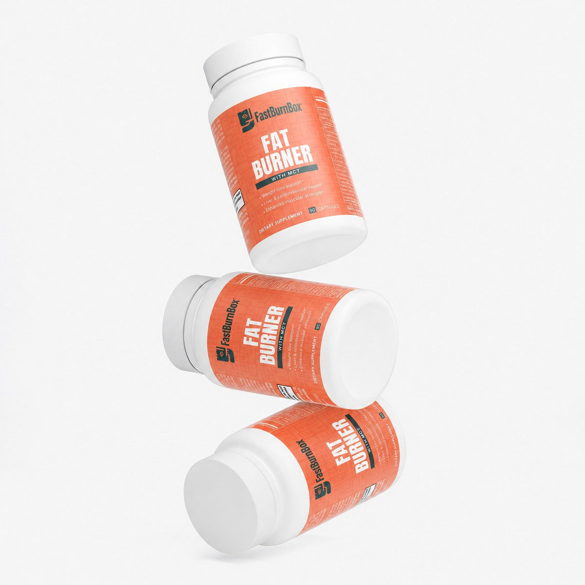 Three FastBurnBox Fat Burner with MCT bottles floating at angles
