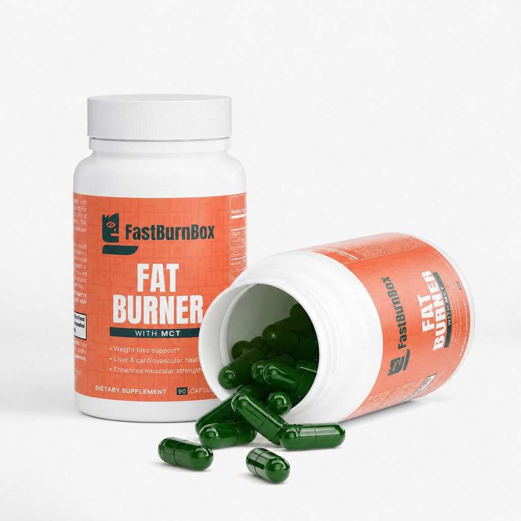 Two FastBurnBox Fat Burner with MCT bottles, one tipped over with green capsules spilling out