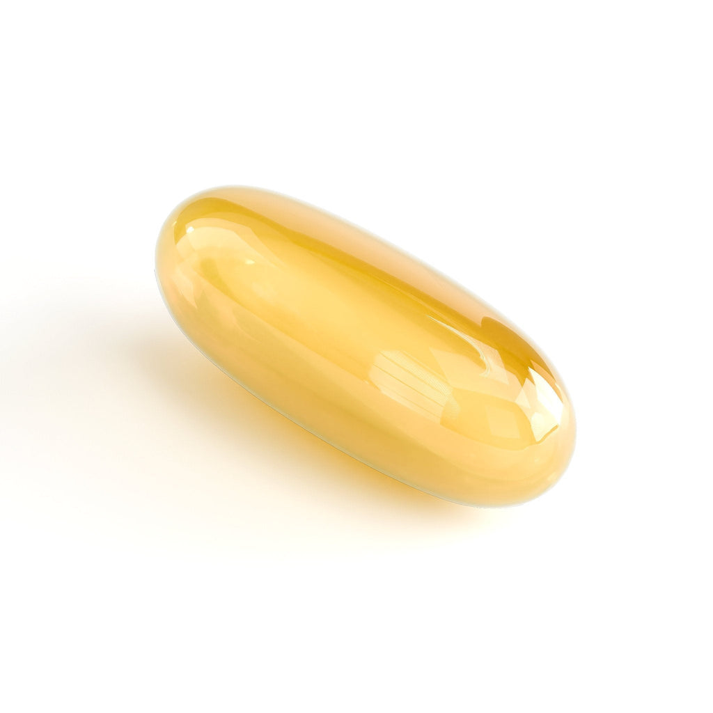 Single golden omega-3 fish oil softgel capsule on a white background
