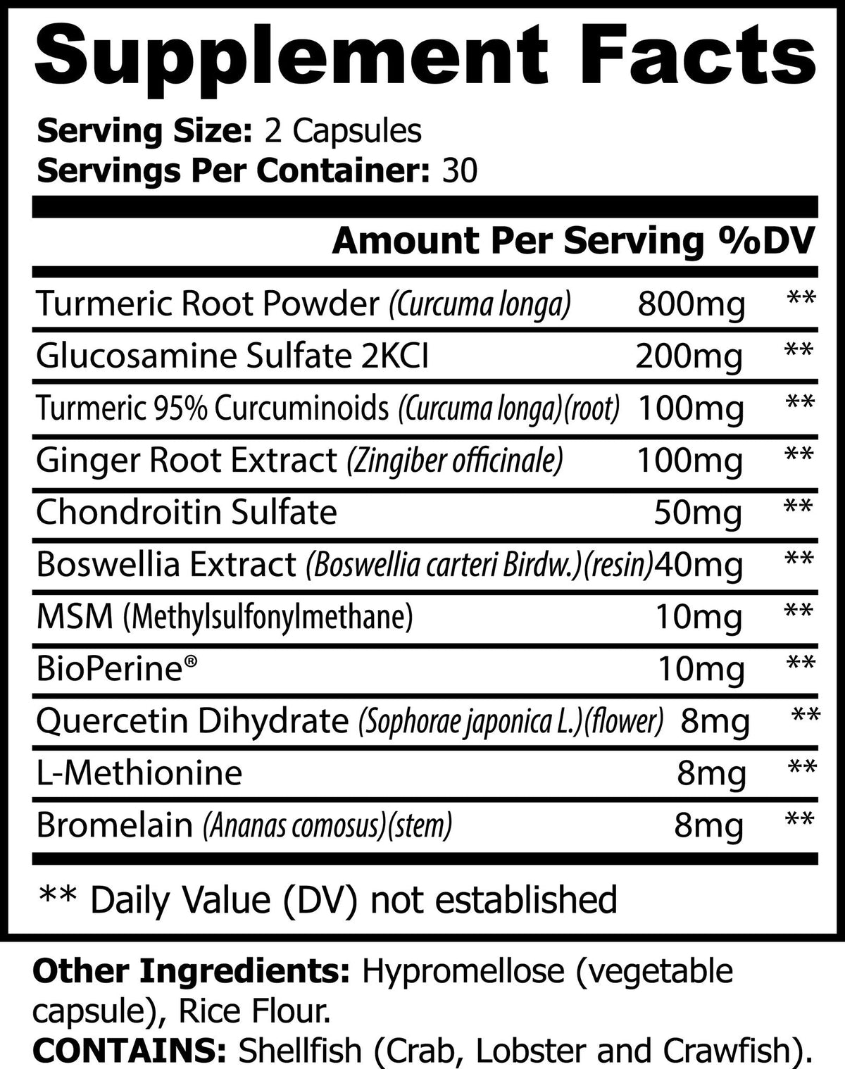 Platinum Turmeric Supplement Facts panel listing turmeric, glucosamine and joint blend