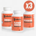 FastBurnBox longevity bundle: Omega-3, Platinum Turmeric and Resveratrol bottles with X3 badge