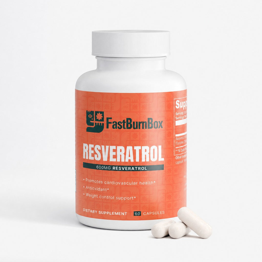 FastBurnBox Resveratrol 600mg bottle, 60 capsules, with loose white capsules