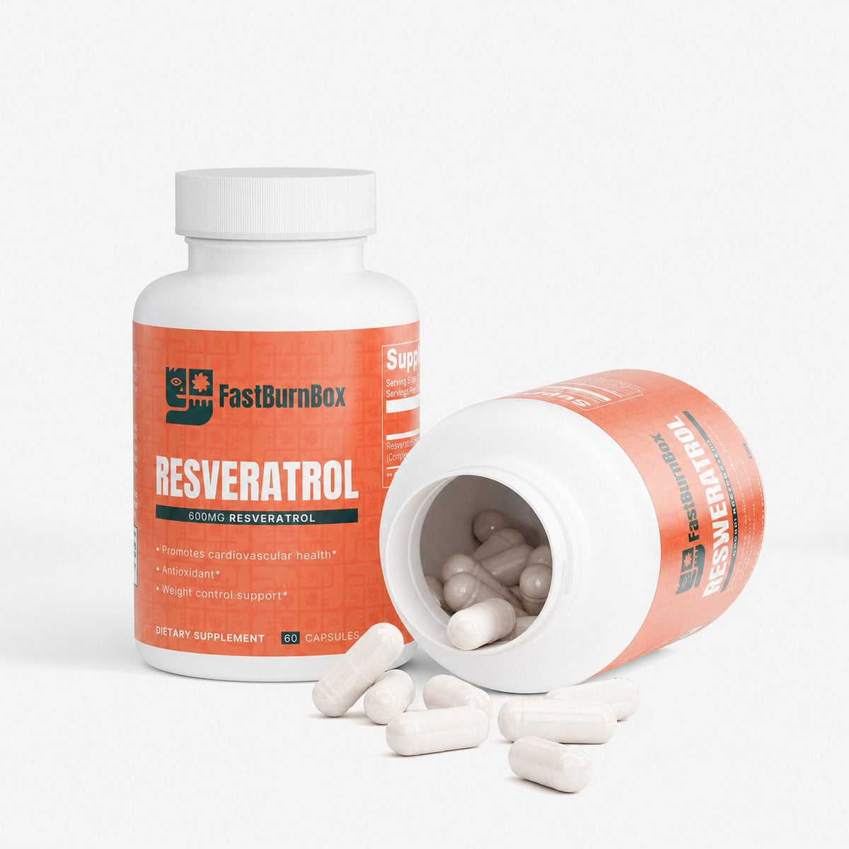 Two FastBurnBox Resveratrol bottles, one tipped over with white capsules spilling out