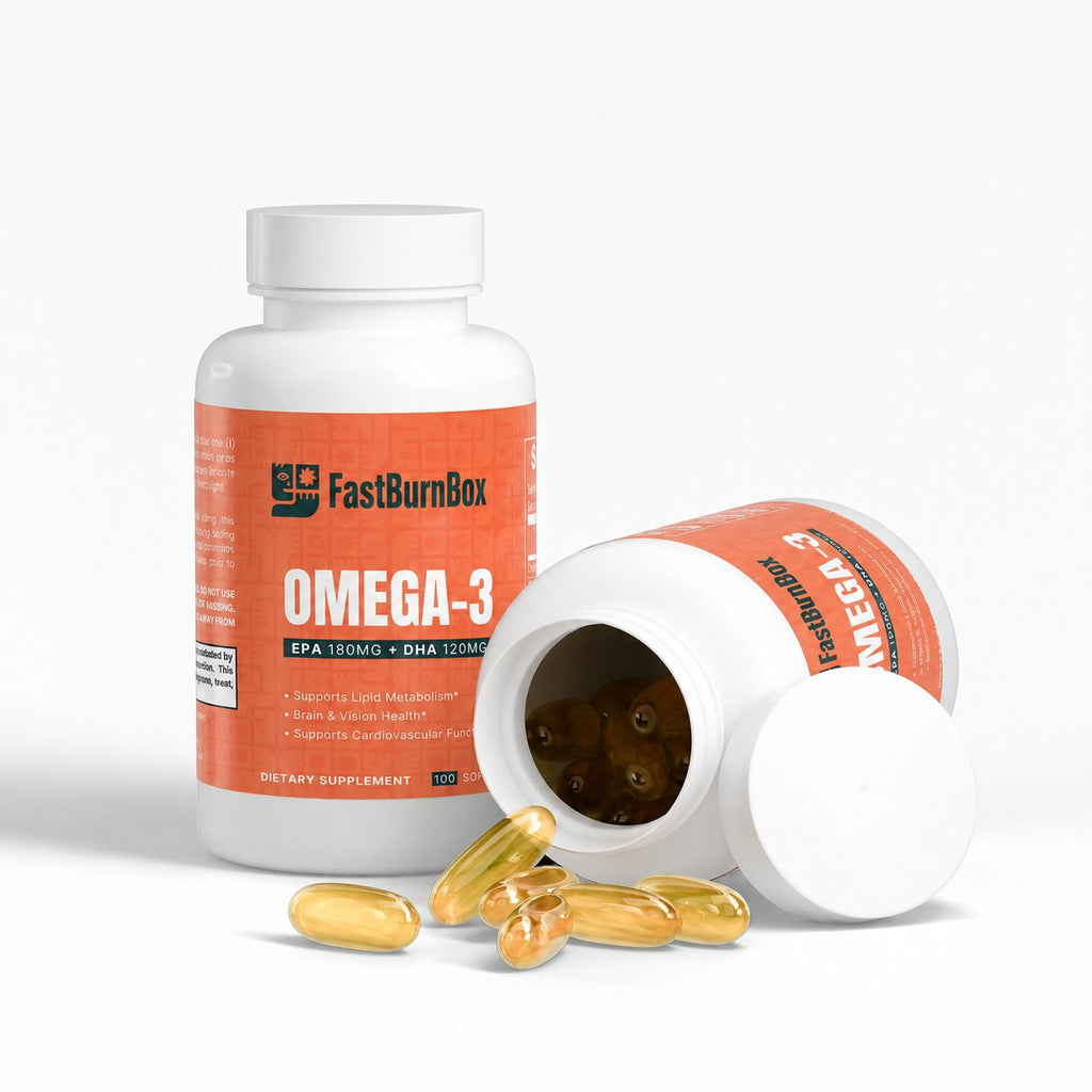 Two FastBurnBox Omega-3 bottles, one open on its side with golden softgels spilled out
