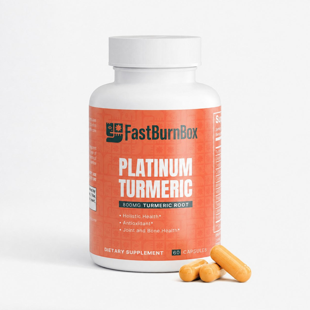 FastBurnBox Platinum Turmeric 800mg bottle with three orange capsules beside it