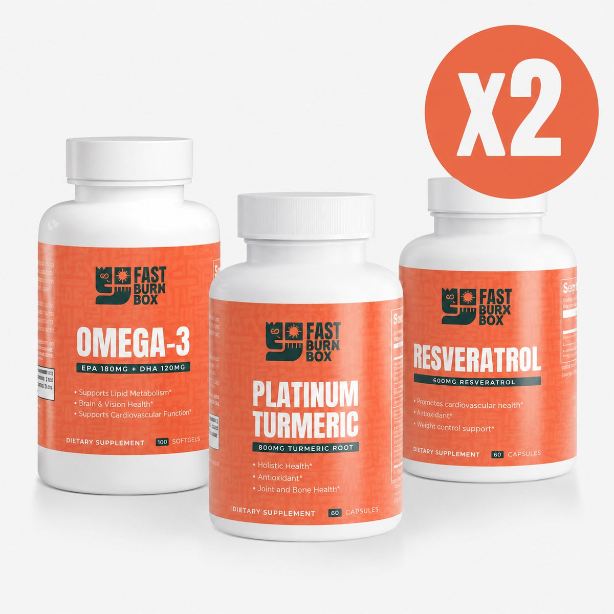 FastBurnBox longevity bundle: Omega-3, Platinum Turmeric and Resveratrol bottles with an X2 badge