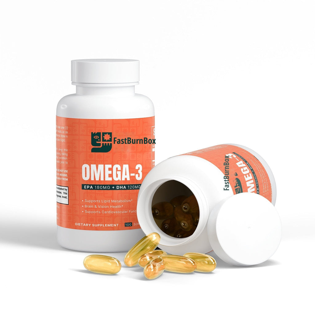 FastBurnBox Omega-3 bottle with open bottle and golden softgels spilled beside it