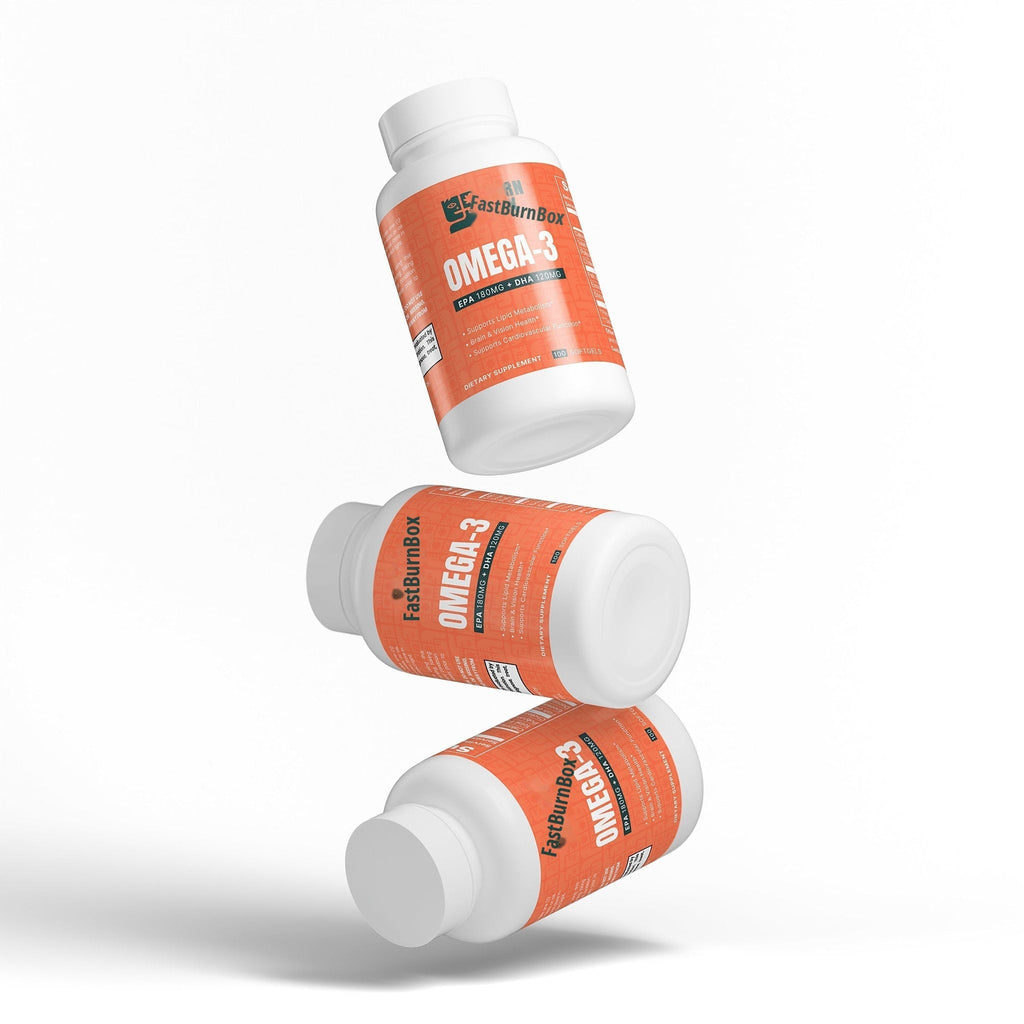 Three FastBurnBox Omega-3 bottles tumbling in mid-air on a white background