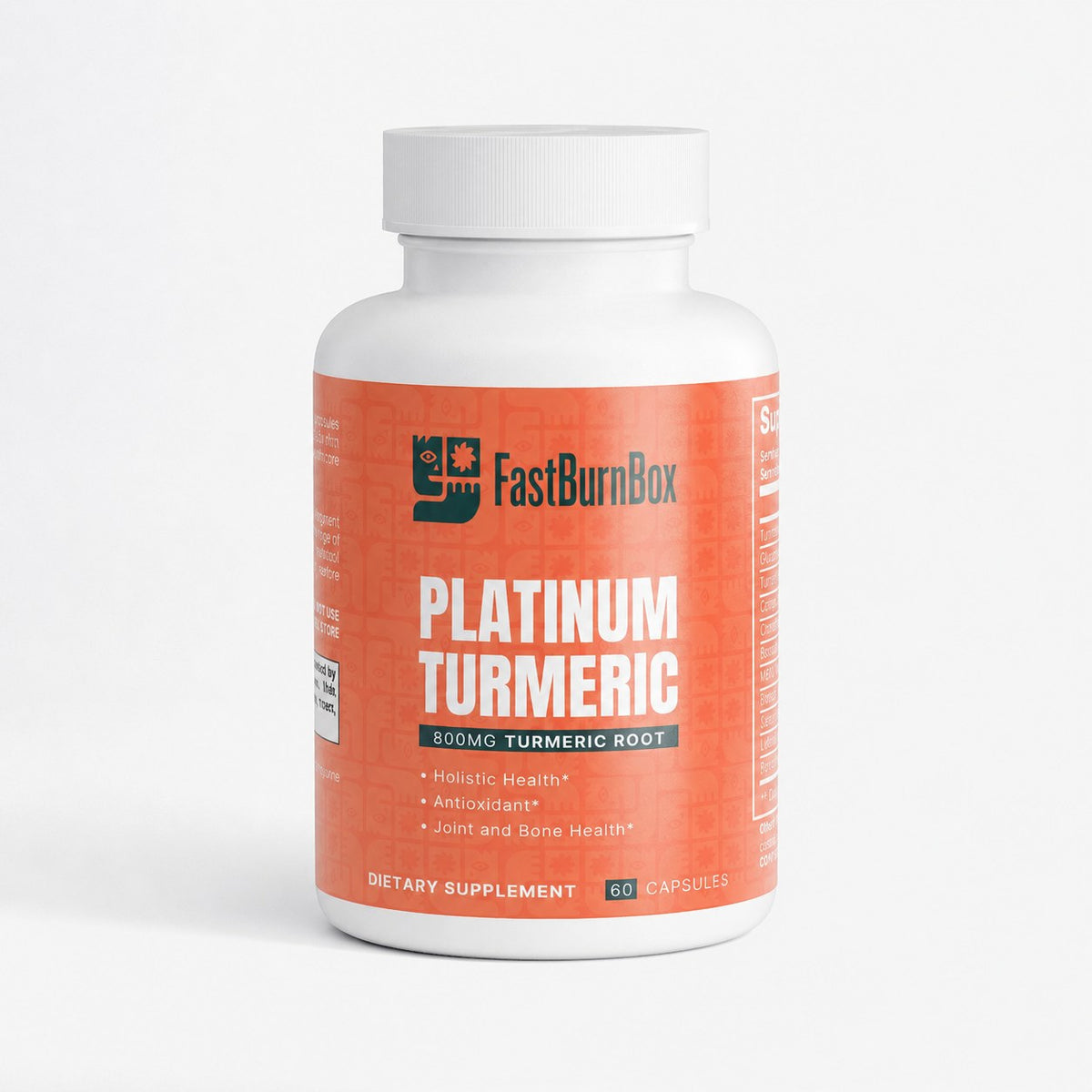 FastBurnBox Platinum Turmeric bottle, 800mg turmeric root, 60 capsules
