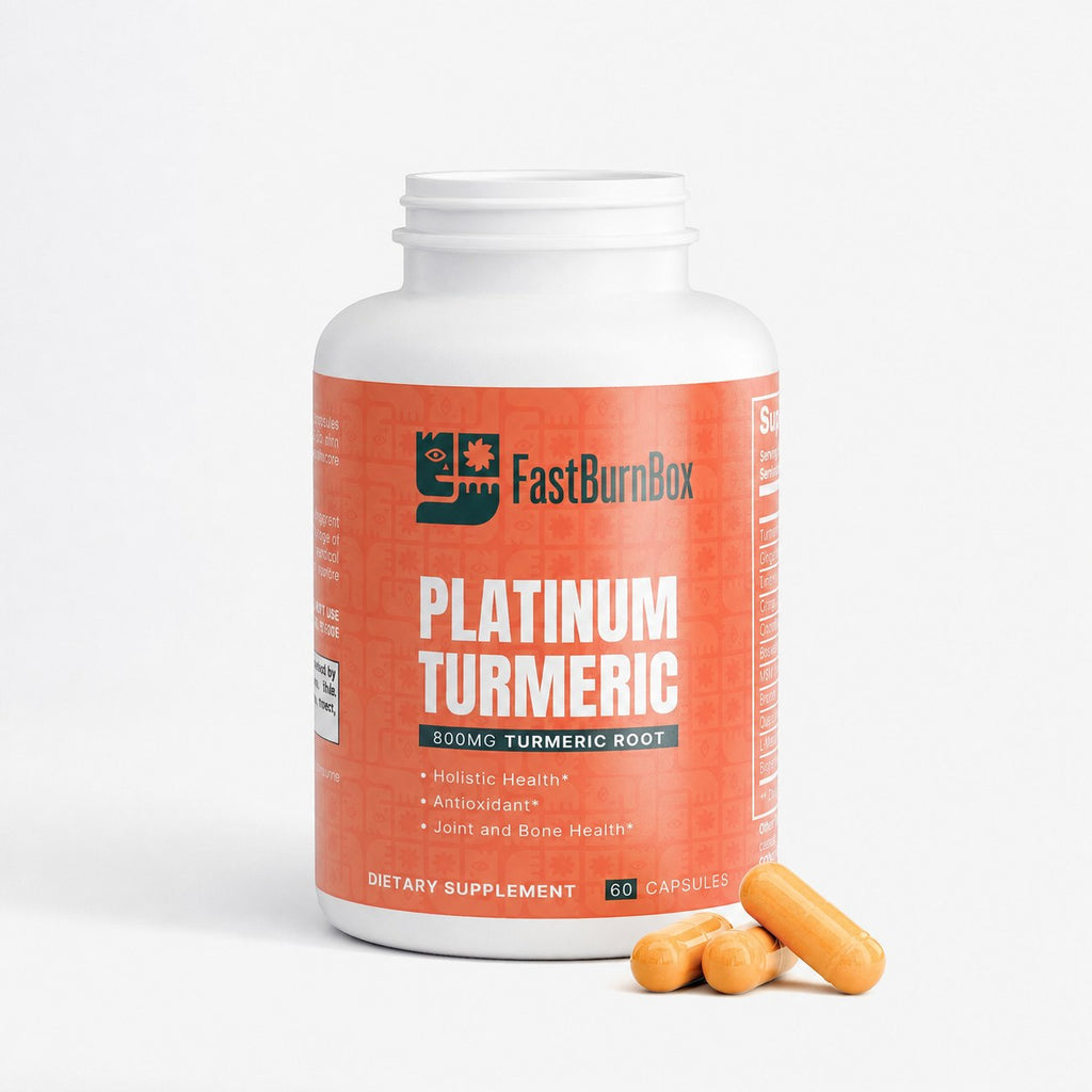 Open FastBurnBox Platinum Turmeric bottle with three capsules beside it