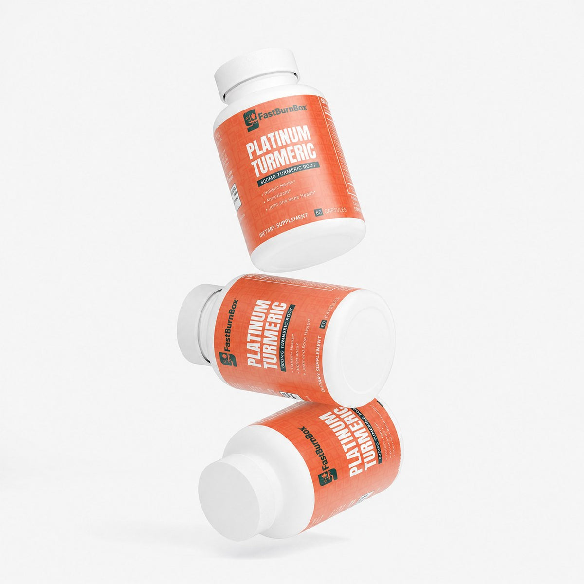 Three FastBurnBox Platinum Turmeric bottles floating at angles