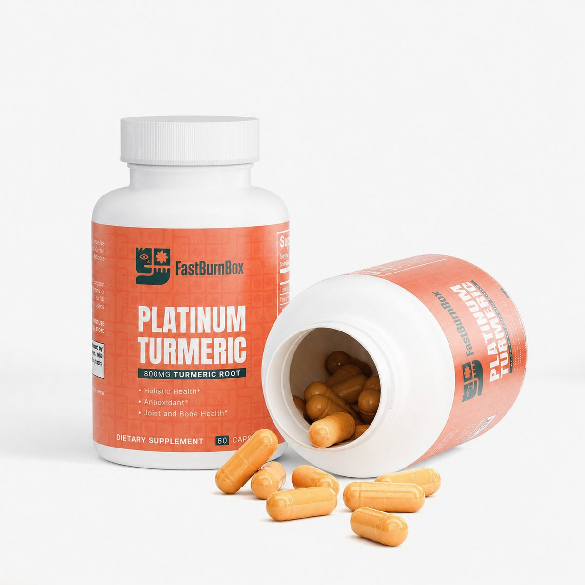 FastBurnBox Platinum Turmeric bottle with a second bottle spilling capsules