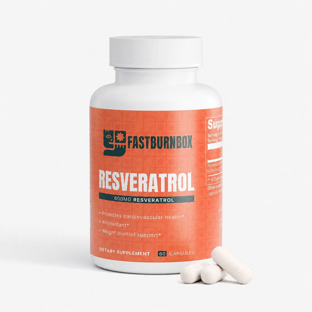 FastBurnBox Resveratrol 600mg bottle with three capsules beside it