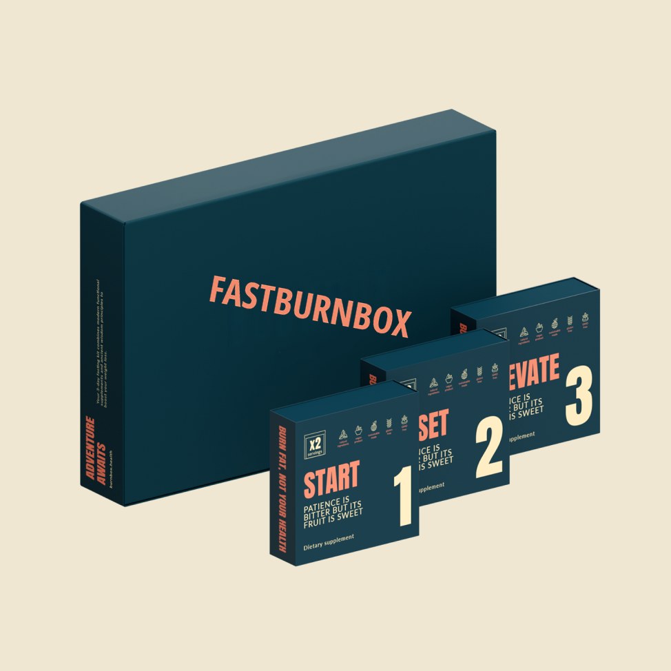 FastBurnBox Signature Kit box with START, RESET and ELEVATE supplement boxes on a cream background